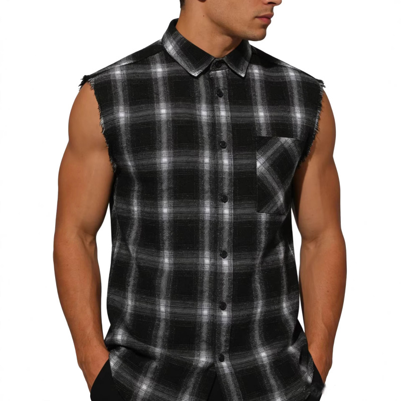 European and American Cross-Border Men's Fashion Trendy Plaid Sleeveless Vest Shirt Plus Size Foreigner Clothing Shirt