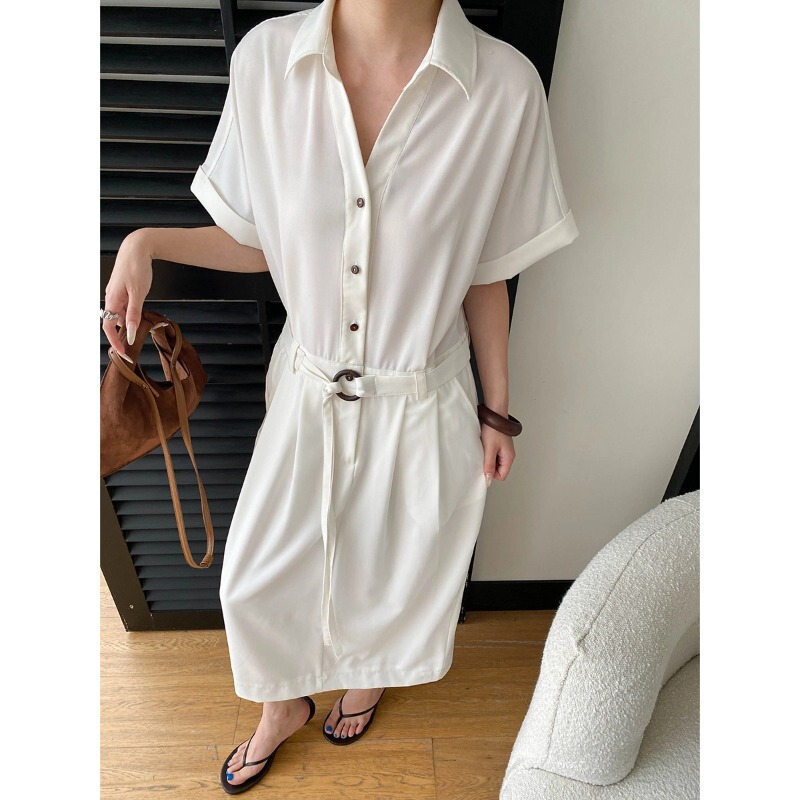 Sinan Commuting Style Acetate Wool Blend Relaxed Fit Waist-Slimming Shirt Dress Sn8872