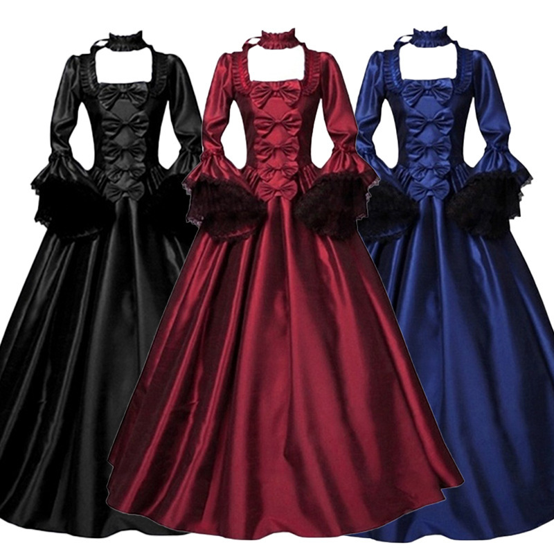 European and American Lace Splicing Medieval Dress Pure Color Trumpet Sleeve Palace Retro Large Size Victorian Ball Dress