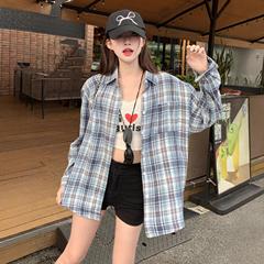 韩系蓝色格子衬衫外套女早春秋2025新款宽松衬衣设计感高级上衣