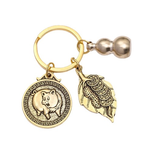 Brass Twelve Zodiac Keychain - wholesale, retro style, one leaf brings wealth, car key holder, gift item