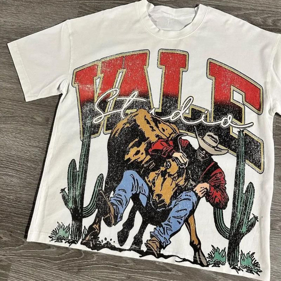 Verano estilo americano retro impresión oscura lavado con agua hace viejos bloques sueltos oversize hip hop skate camiseta de manga corta