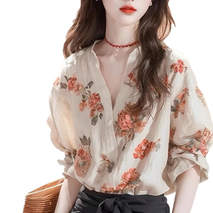 Áo sơ mi nữ dài tay họa tiết hoa nhí đi làm — Màu ảnh chi tiết 6