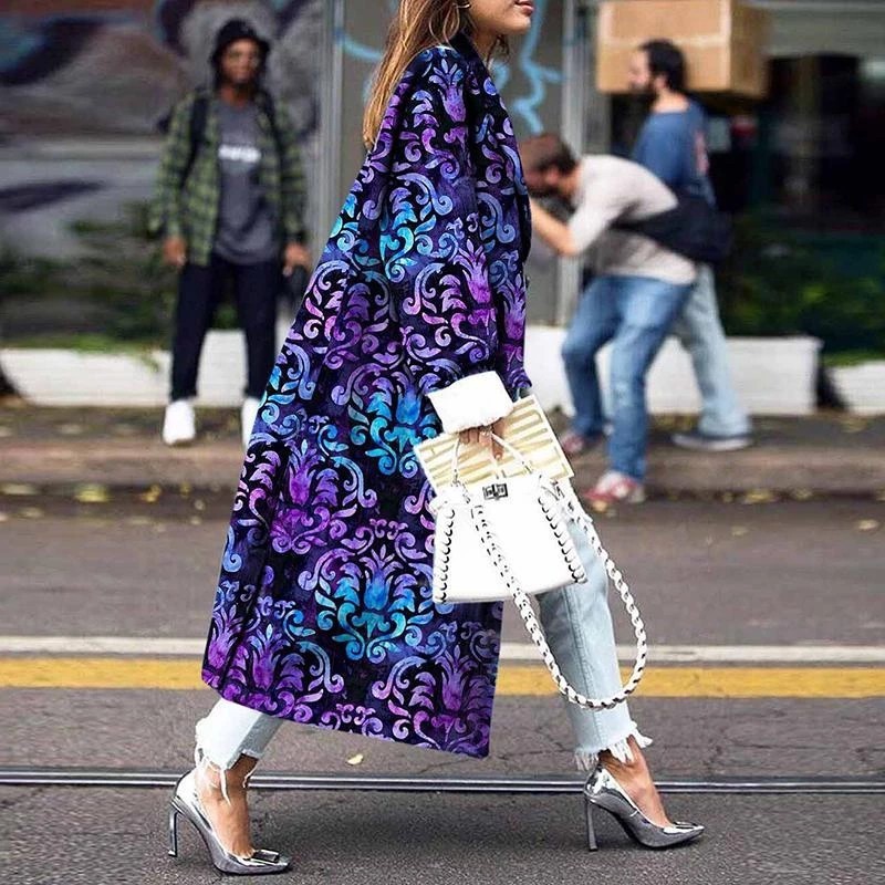 Abrigo Largo de Lana Estampado para Mujer de Tela de Lana, Engrosado, Manga Larga, para Invierno