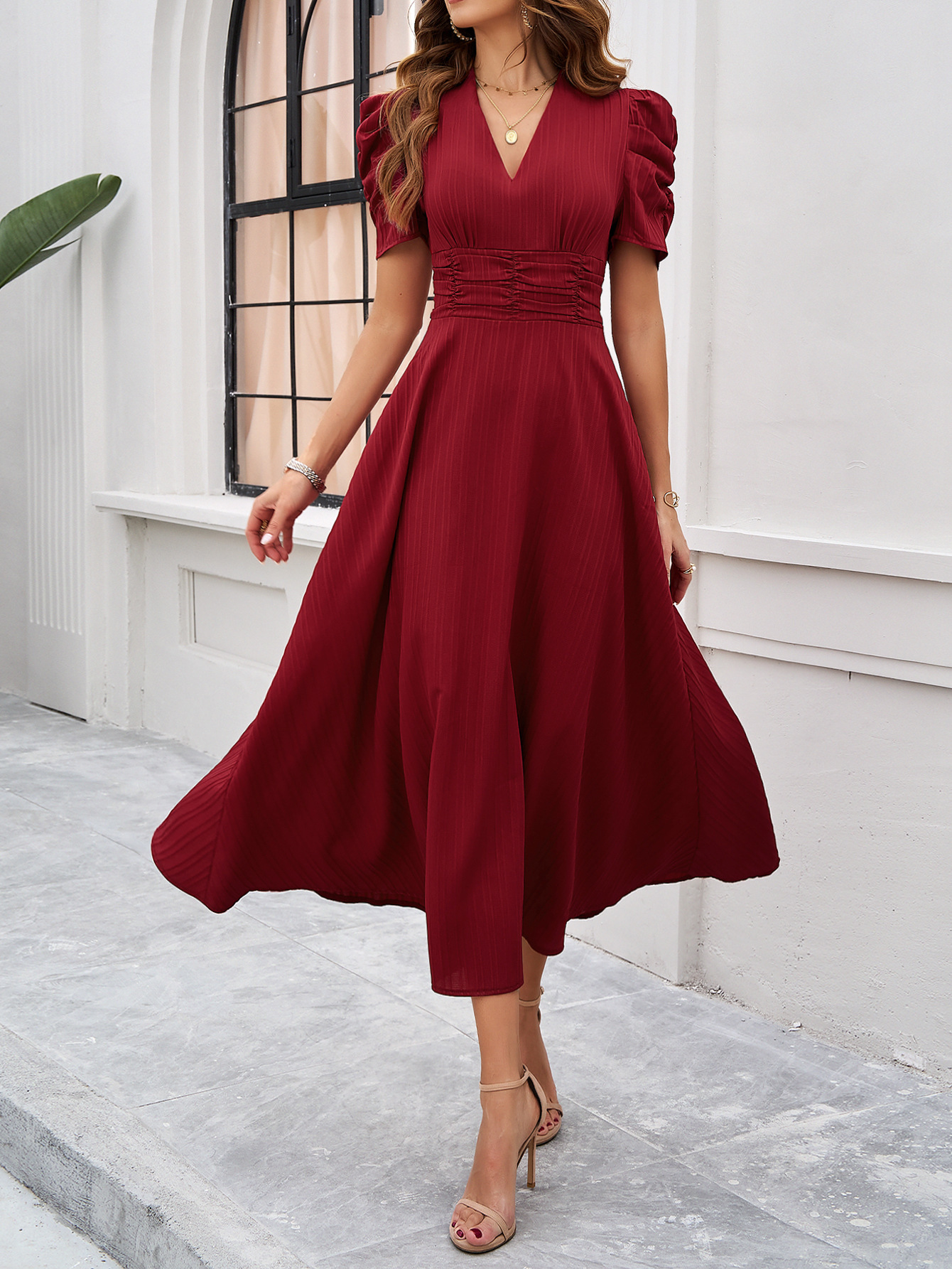 318g Weight Maxi Long Dress Dress Length Type Short Sleeve Sleeve Length Swing Dress Dresses Type Puff Sleeve Sleeve Type Spandex, Polyester Fabric Type High Waist Waist Line Daily Occasion V Neck Neckline Regular Fit Fit Type Solid Color Pattern 2025 Spring and Summer Season Women's Gender Pleated Design Simple Style Style Wholesale Women's Simple Style Pleated Solid Color Daily V Neck Short Sleeve Swing Dress 13