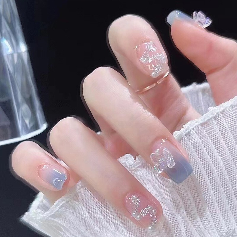 Blue Cool Style Nail Wearing Nail Pieces Transparent Butterfly Pearl Short Removable Fake Nail Pieces Finished Cross Border Blue Cool Style Nail Wearing Nail Pieces Transparent Butterfly Pearl Short Removable Fake Nail Pieces Finished Cross Border