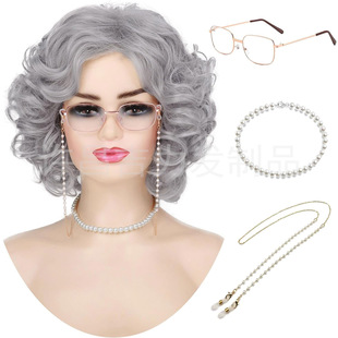 Cross-border European and American Women's Short Curly Hair Headgear Halloween Party COS Grandma Grey Partial Large Volume Headgear in stock