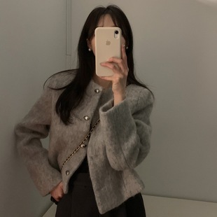 Korean Chic French Style Unique Single-Breasted Tweed Short Coat for Petite Figures
