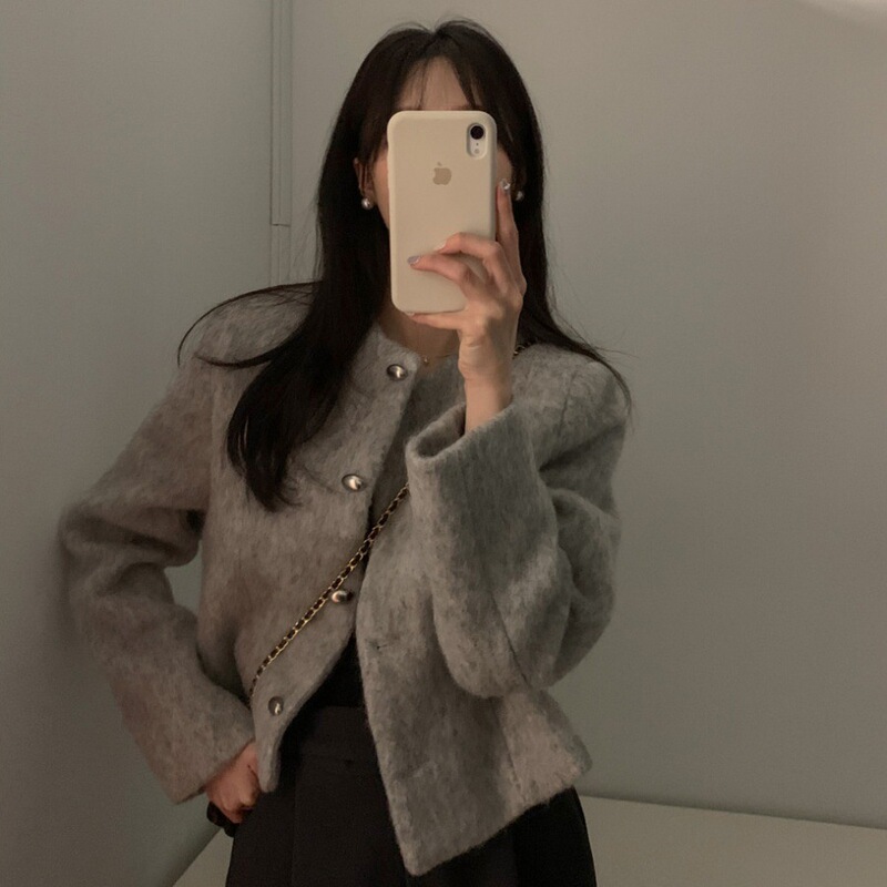Korean Chic French Style Unique Single-Breasted Tweed Short Coat for Petite Figures