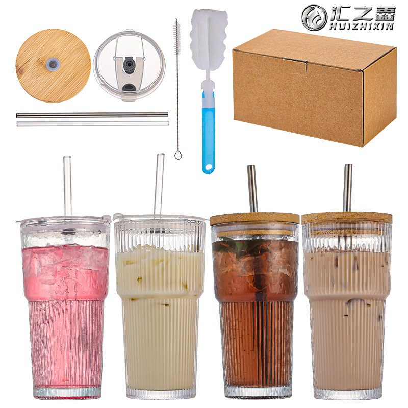 Cross-border Amazon Glass Straw Cup Mason Beverage Cup Car Wooden Lid Straw Glass Cup Thickened Coffee Cup