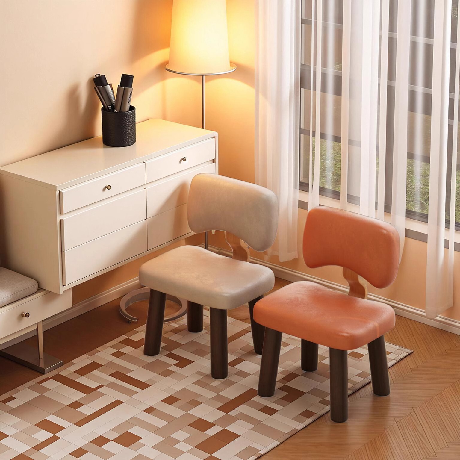 Small Stool Household Solid Wood Backrest Chair Living Room Sofa Stool Simple Small Stool Living Room Shoe Changing Chair Soft Bag Low Stool