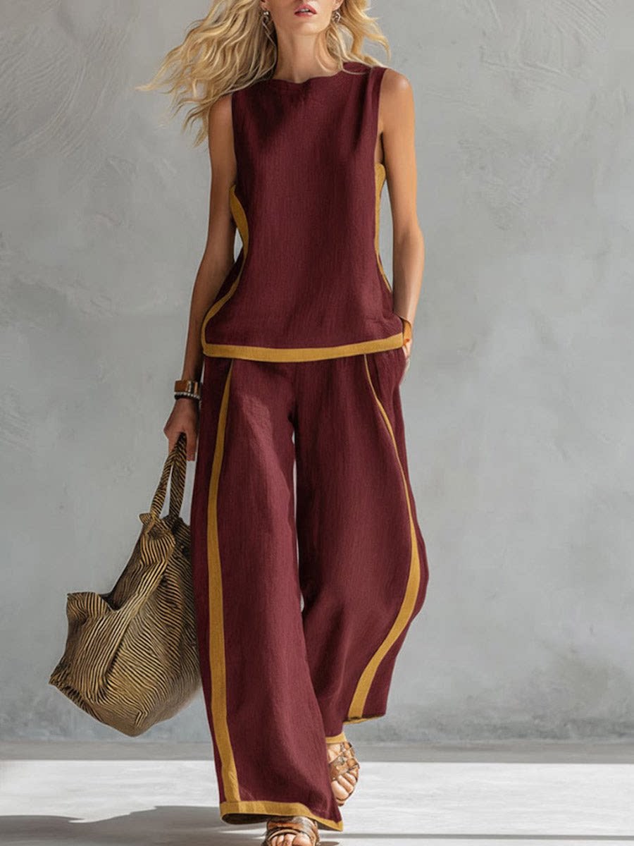 Women's Color-Block Wide-Leg Jumpsuit Casual Summer Two-Piece Set Sleeveless Comfortable Lounge Outfit with Contrast Trim_ecoleips.com