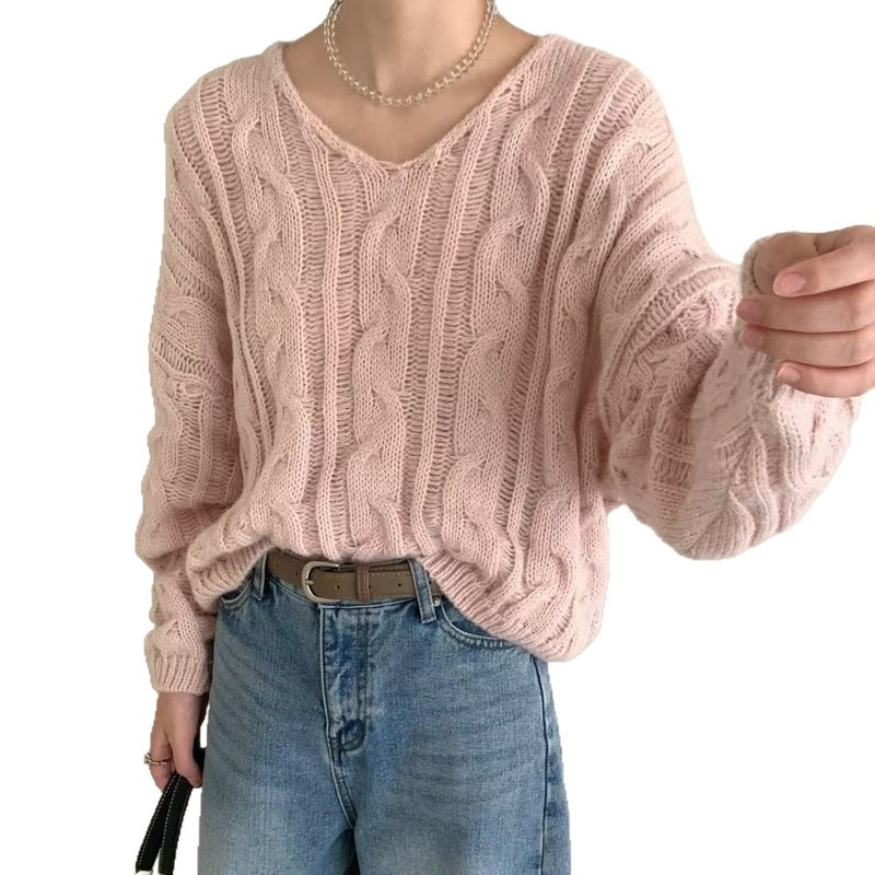 日系复古V领麻花套头毛衣女2025秋冬新款休闲宽松短款针织衫上衣|undefined