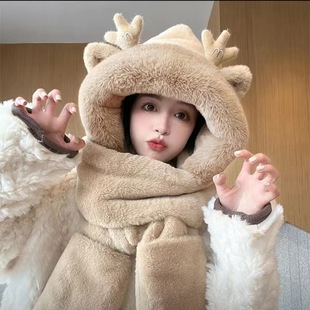 Winter Longbao Hat, Scarf, and Gloves Three-Piece Set with Cute Antlers, Warm Hat for Women, Parent-Child Style, Three-In-One