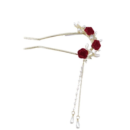 Antique rose fringe pearl side U-shaped hairpin retro bridal toast dress headdress alloy hairpin hairpin