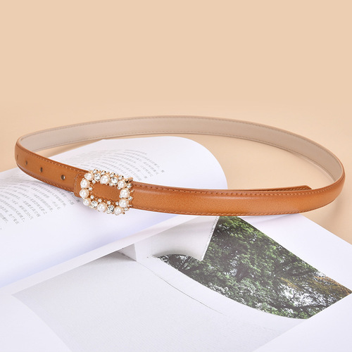 New women's leather belt with pearl and water drill round buckle decoration, versatile women's genuine leather smooth buckle belt, wholesale
