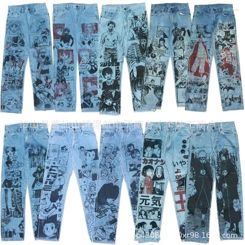 Xiyin's Popular Hip-Hop Anime Print Jeans for Men, Loose Straight-Leg Trendy Y2K Harajuku Street Style Wide-Leg Pants Xiyin's Popular Hip-Hop Anime Print Jeans for Men, Loose Straight-Leg Trendy Y2K Harajuku Street Style Wide-Leg Pants