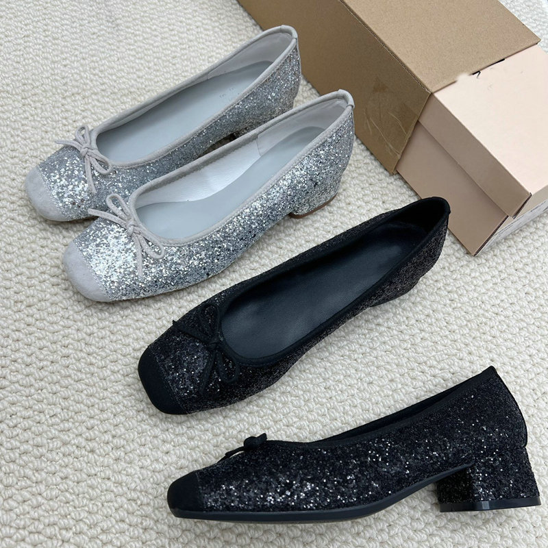 French Niche Casual Elegant Versatile Mid-Heeled Ballet Shoes Round Toe Glitter Bow Sequined Cute Women's Shoes