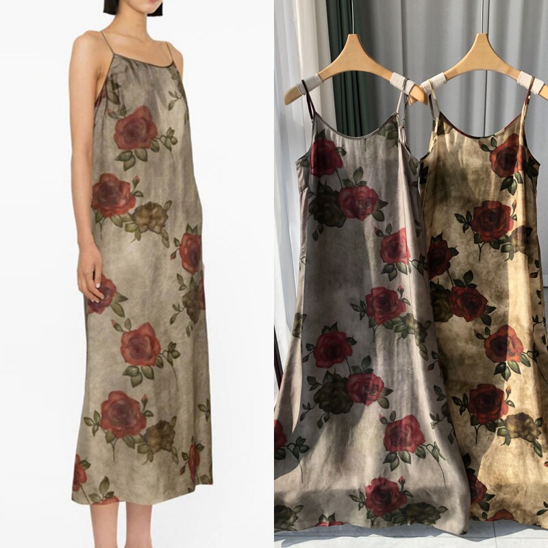 Dirty-Dyed Rose·Artistic Retro Wild Rose·Stylish Copper Ammonia Silk Mid-Length Slip Dress Dirty-Dyed Rose·Artistic Retro Wild Rose·Stylish Copper Ammonia Silk Mid-Length Slip Dress