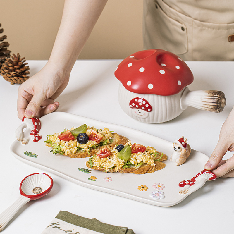 クリエイティブ漫画かわいい少女ハート赤キノコセラミック食器単柄ボウルスープ鍋朝食皿お菓子トレイスプーン|undefined