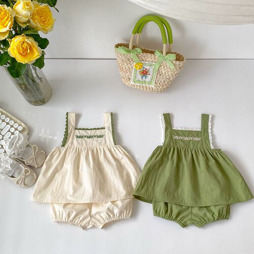 Summer 2024 0-3 Years Old Girls' Solid Color Tank Top and Shorts Set Korean Style Baby Girl Embroidered Top and Bottom Two-Piece Set