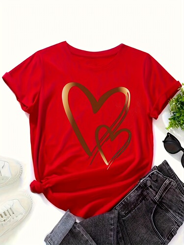Women's Casual Red T-Shirt with Gold Heart Print - Soft Polyester