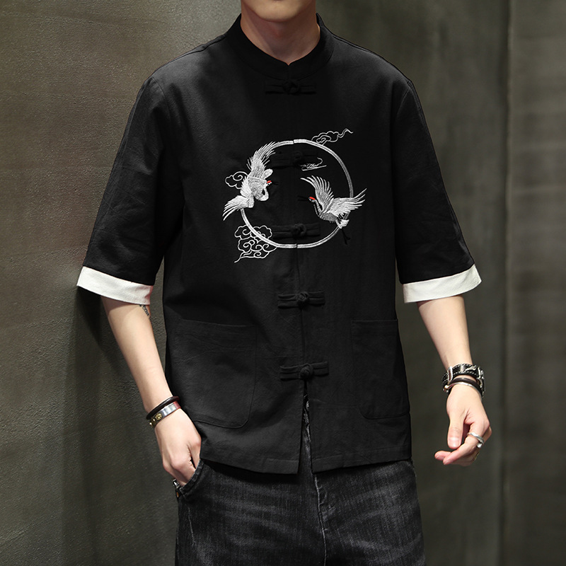 2024 Summer Chinese cotton linen short sleeved men's Tang embroidery Han style loose China-Chic shirt men_autovado.com