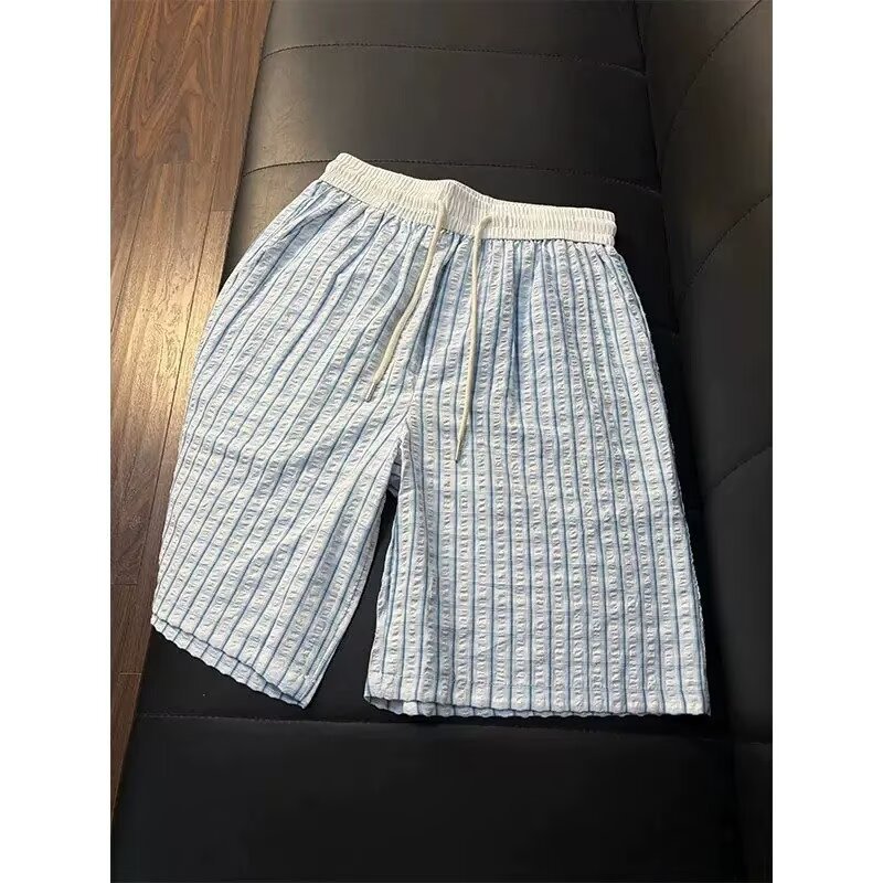 Men's Thin Seersucker Ice Silk Plaid Quick Drying Beach Shorts Summer Athletic Capri Pants_viptrois.com