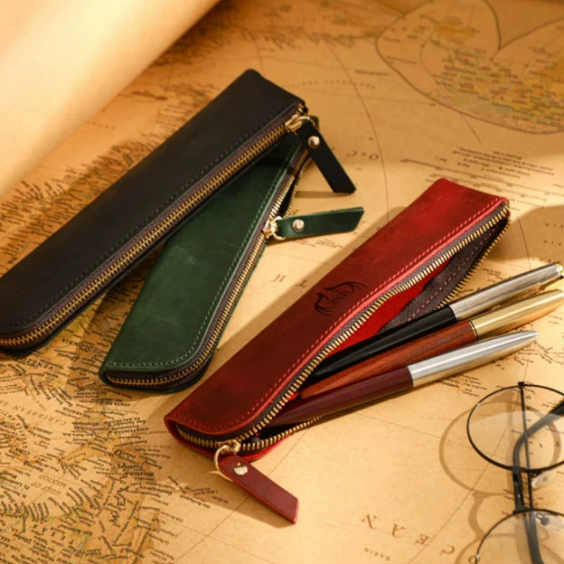 Пенал на молнии из кожи Crazy Horse в стиле ретро, ​​простой студенческий пенал для хранения канцелярских принадлежностей, чехол для кистей для рисования на открытом воздухе