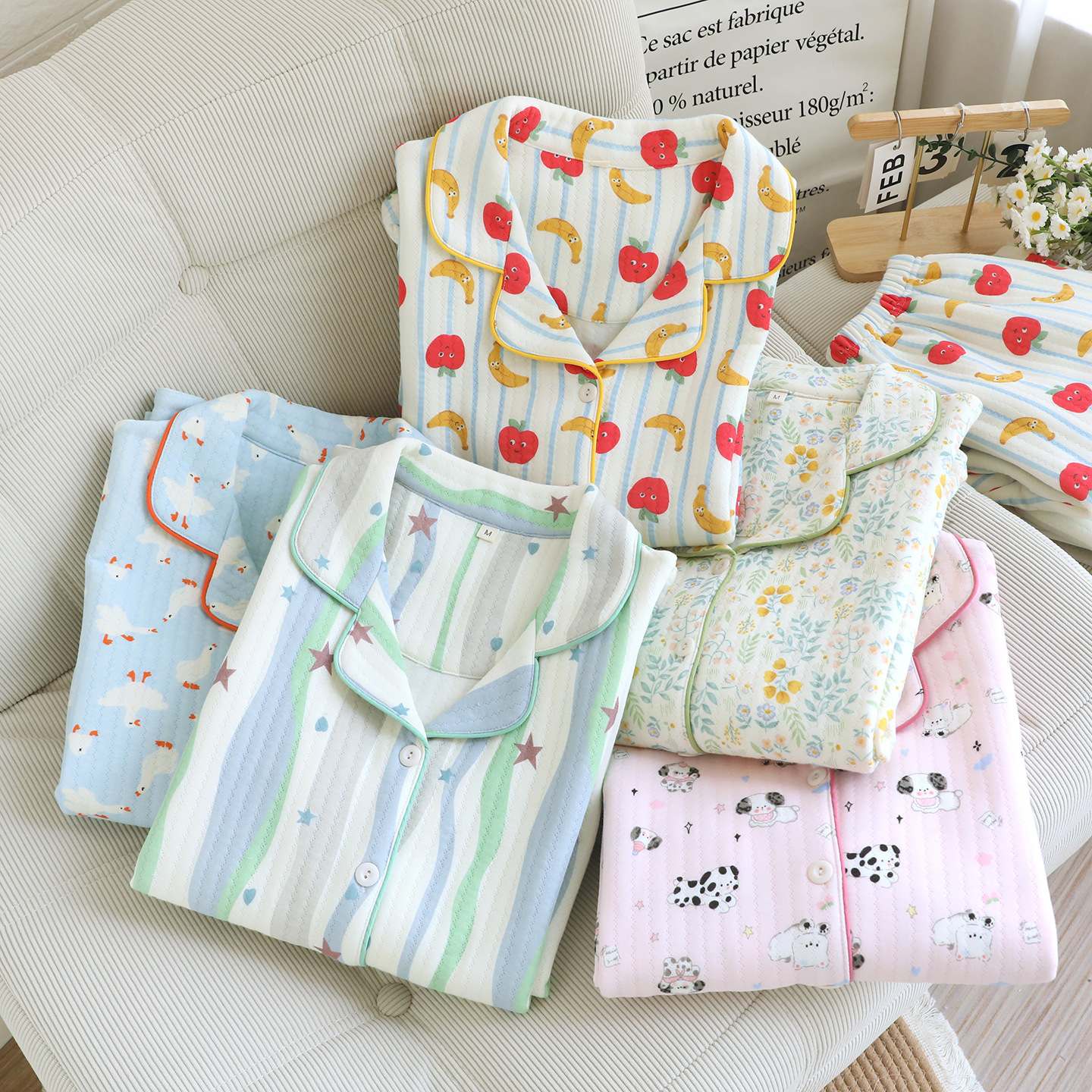 Women's Quilted Air Layer Pure Cotton Home Clothes Lapel Long-Sleeved Pants Cardigan Pajamas Pajamas Autumn and Winter Women's Clothing