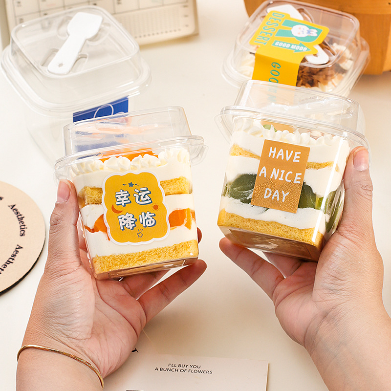 Square Mousse Cake Box with Built-In Spoon, Round Wood Bran Cup, Thousand-Layer Fruit Yogurt Ice Cream Box
