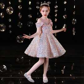 儿童主持人晚礼服女童彩色亮片短款婚纱连衣裙生日公主裙公主风