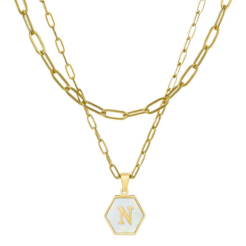 Amazon Hexagonal clip de papel Shell collar de la letra 18K transfronterizo temperamento de doble capa colgante de la letra joyería femenina