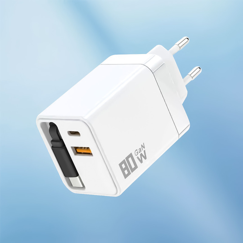 80 ワット窒化ガリウム格納式ケーブル高速充電ヘッドデュアルポート A + C 充電ヘッド Apple Android Huawei 携帯電話充電器に適しています|undefined