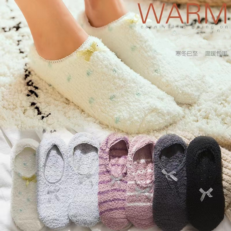 Autumn and Winter Bow Floor Socks for Women Adult Slippers Socks Indoor Non-Slip Silicone Socks Plush Coral Velvet Socks Wholesale