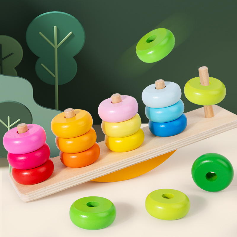 Número de madera cuentas anillo de la educación temprana para niños pequeños iluminación rompecabezas torre arco iris apilar juguetes de reducción de estrés interactivo ocio