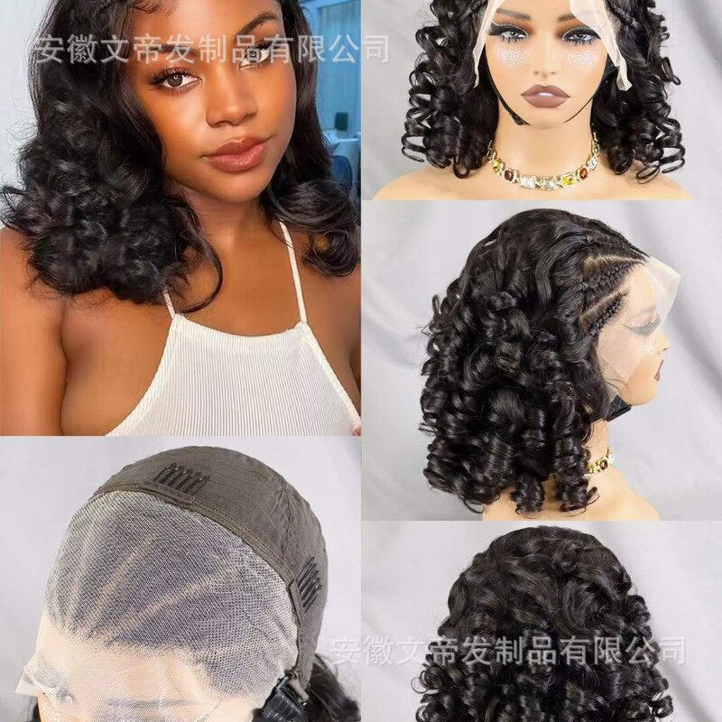 European and American Cross-Border Lace Full Real Hair Women's Wig Headgear 13X4 Front Lace Braid Roman Curly Short Curly