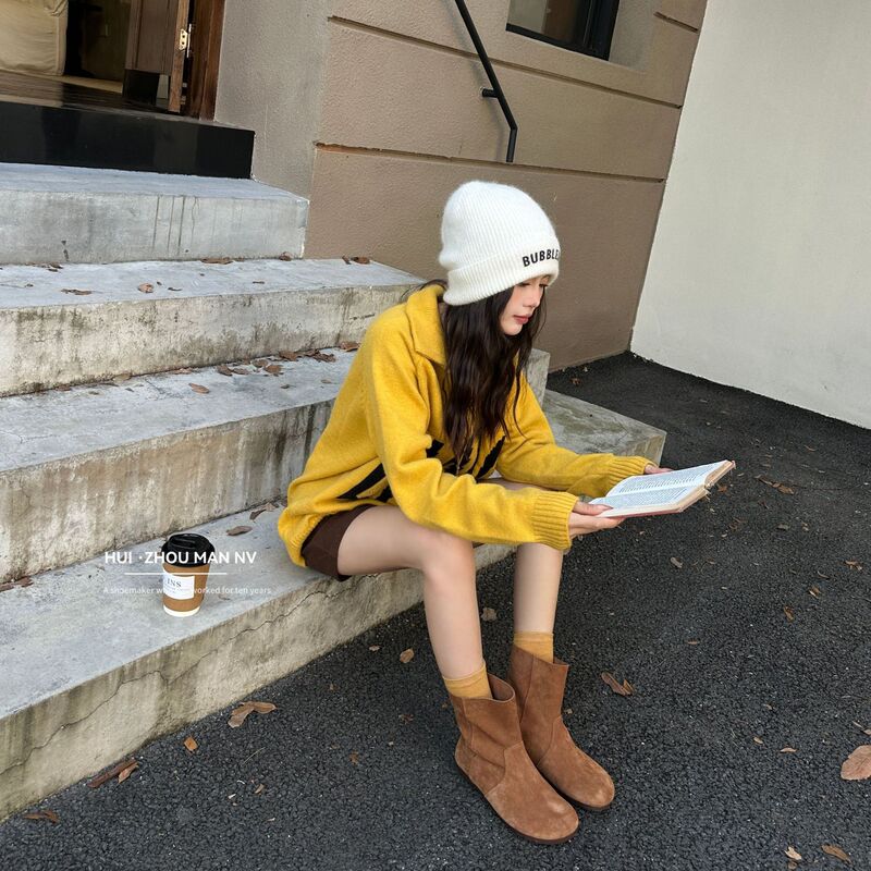 真皮复古磨砂皮短靴女秋冬2025新款软底翻毛皮勃肯两穿平底马丁靴|undefined