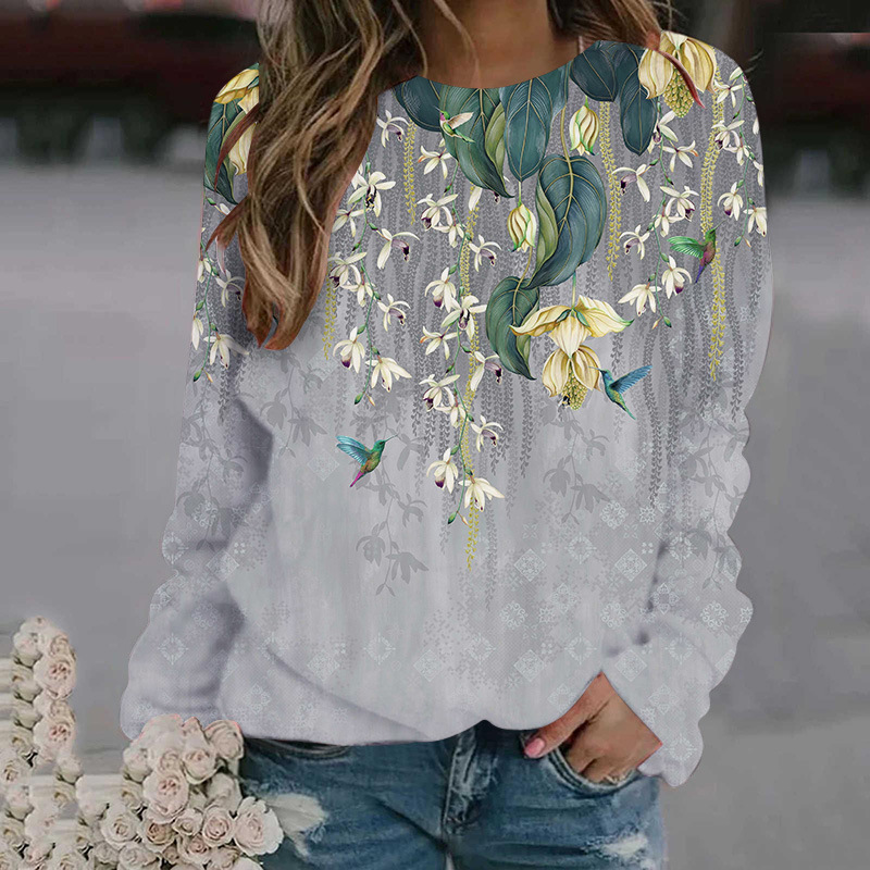 3D digital printed women's round neck hoodie with floral patterns for spring autumn clothing, long sleeved and loose_voghion.com