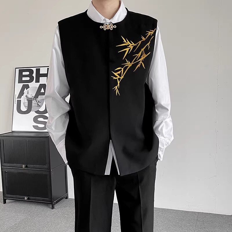 New Chinese-Style Gold Bamboo Embroidery Vest for Men, Wedding and Engagement Attire, High-End Stand-Collar Tang Suit with Traditional Buttons New Chinese-Style Gold Bamboo Embroidery Vest for Men, Wedding and Engagement Attire, High-End Stand-Collar Tang Suit with Traditional Buttons