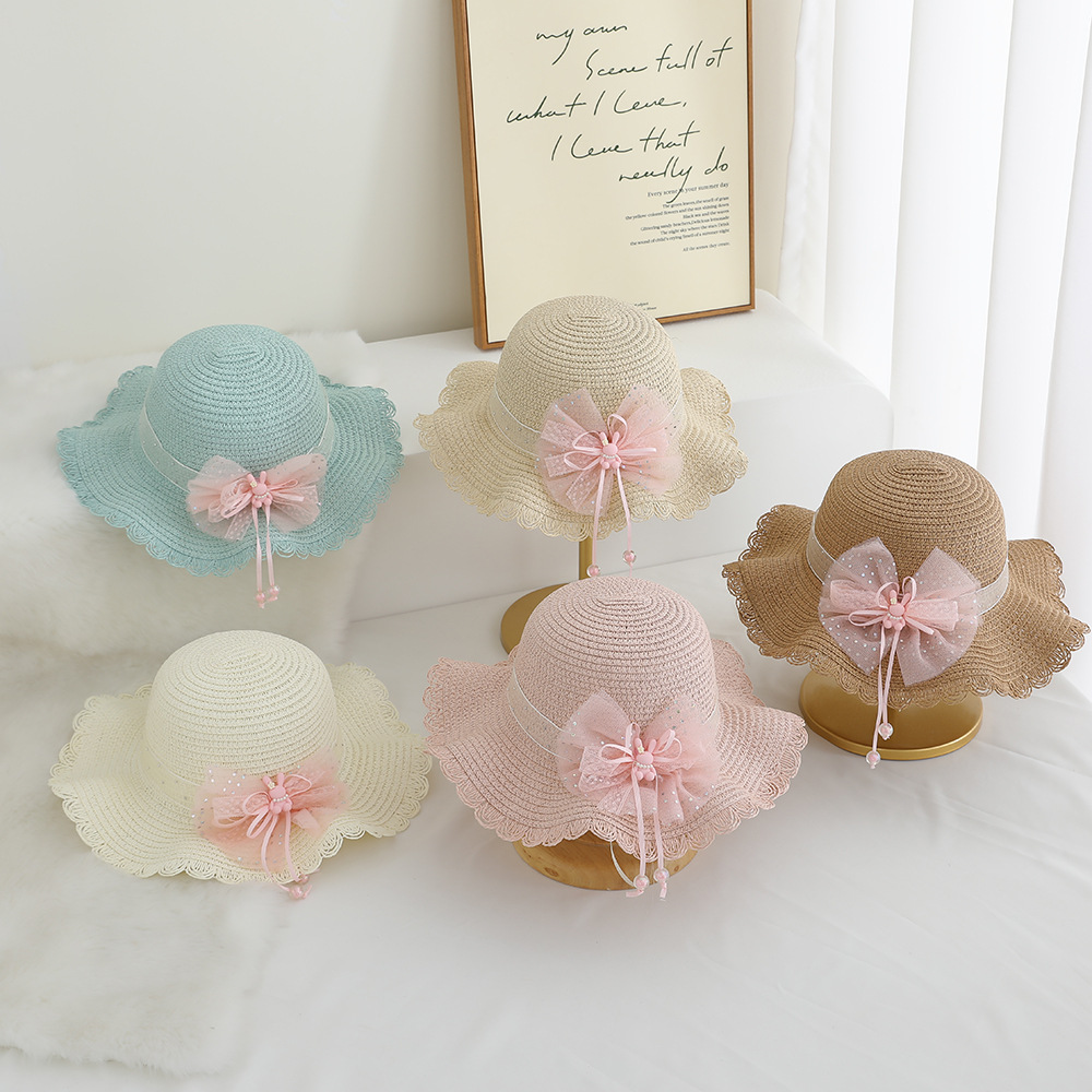 Verano nuevo sombrero para niños sombreado sombrero de paja bolso de dos piezas lindo encaje flor niña sombrero de playa al por mayor