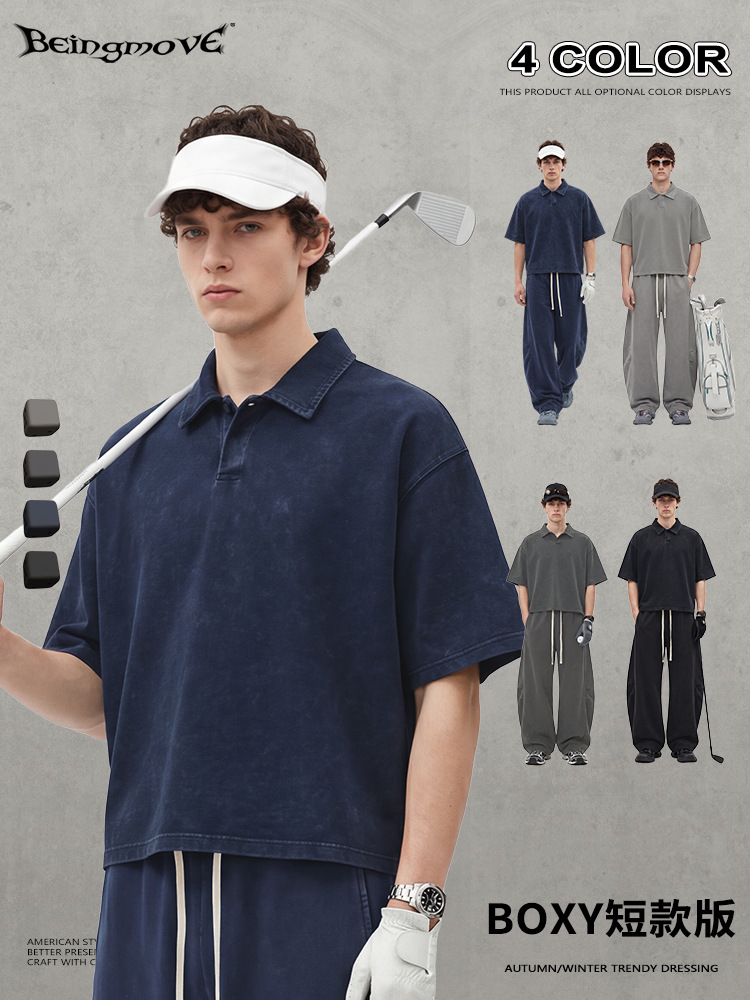 Calle secada| 2026 verano europeo y americano boxy relajado casual de manga corta lavado retro hacer vieja camiseta polo con solapa