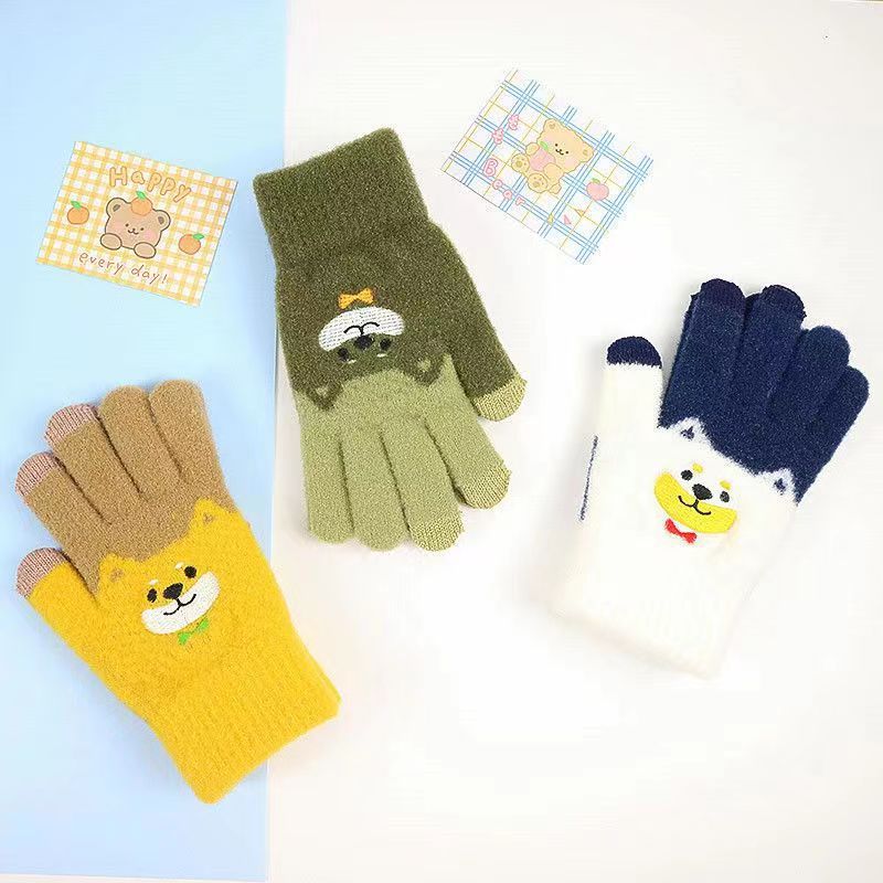 新款手套冬防寒保暖男女學生寫字加絨加厚觸屏五指騎車卡通熊韓版