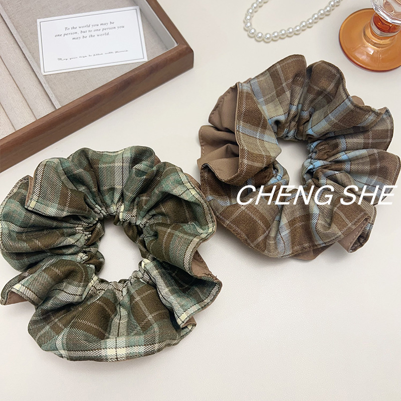 韩系拼色格子双层大肠发圈女高级感丸子头扎头发超大百搭发饰头绳|undefined