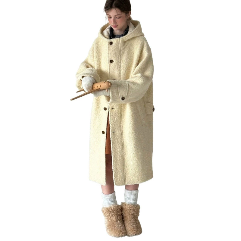 Retro woolen warm demi-season coat with hood, jacket