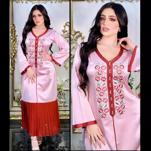 Spot Muslim Women's Embroidered Ethnic Style Contrast Color Middle East Robe European and American V Neck Dress