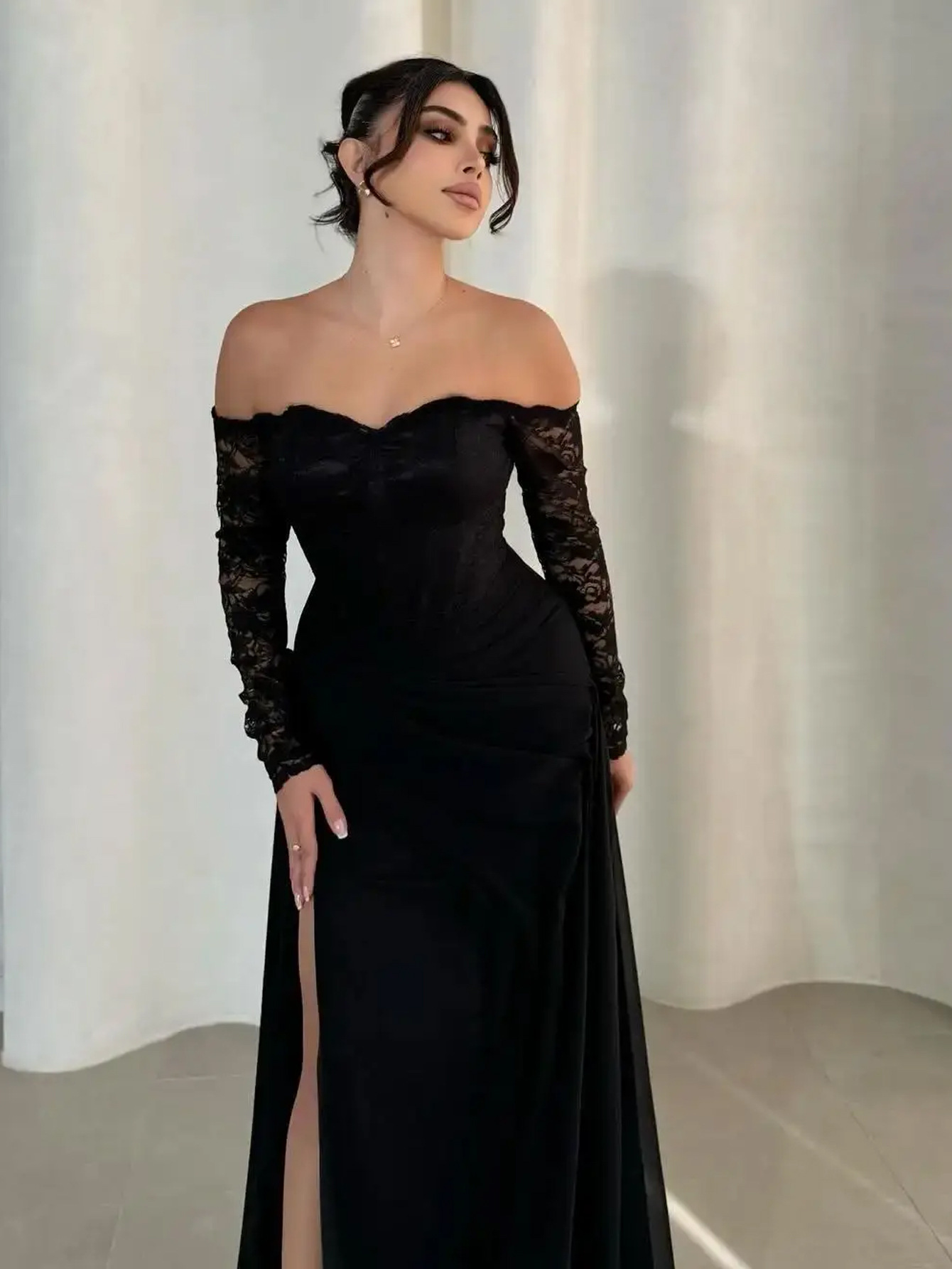 813W comercio exterior europeo y americano vestido de mujer Amazon sexy mangas largas hombros abiertos delgado vestido de fiesta