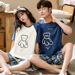 Couple summer cotton pajamas short sleeve shorts plus size cartoon casual men's and women's home clothing suit a generation of hair