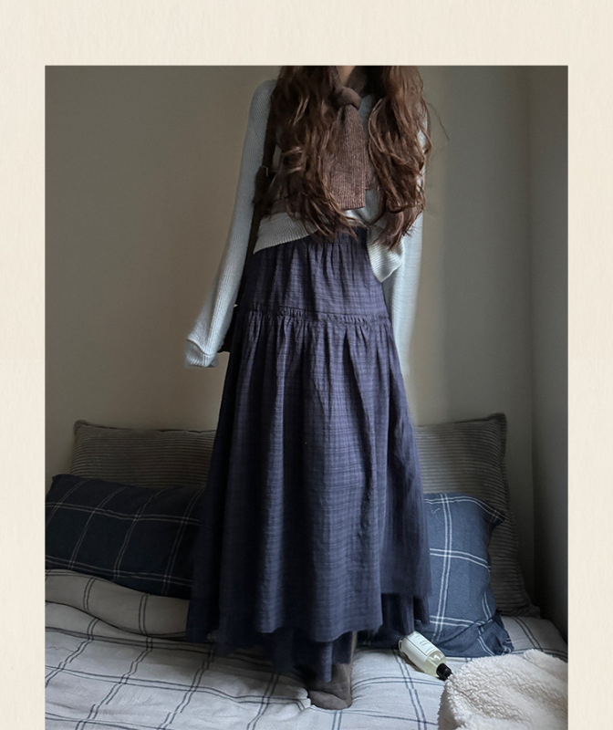 雾蓝格子双层拼接半身裙女秋季辛苦a字中长款加厚高腰通勤长裙子|undefined
