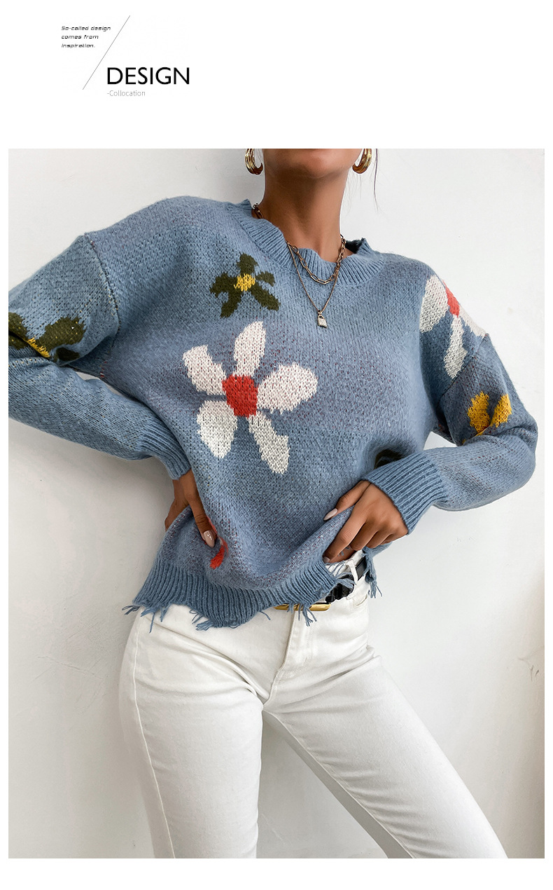 Round Neck Knitted Blue Flower Jacquard Sweater NSDMB88627